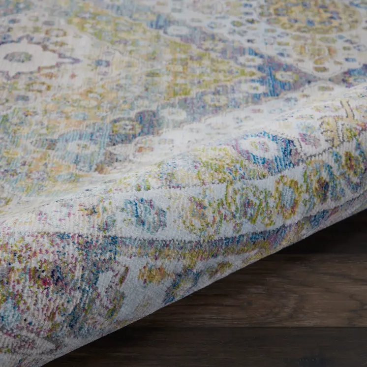 6' Ivory Blue and Green Floral Distressed Non Skid Round Rug