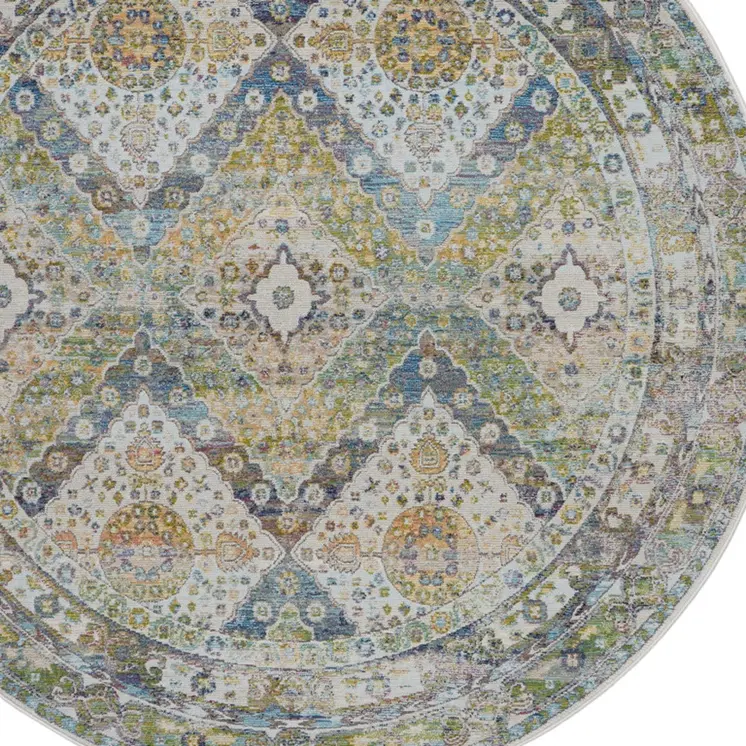 6' Ivory Blue and Green Floral Distressed Non Skid Round Rug
