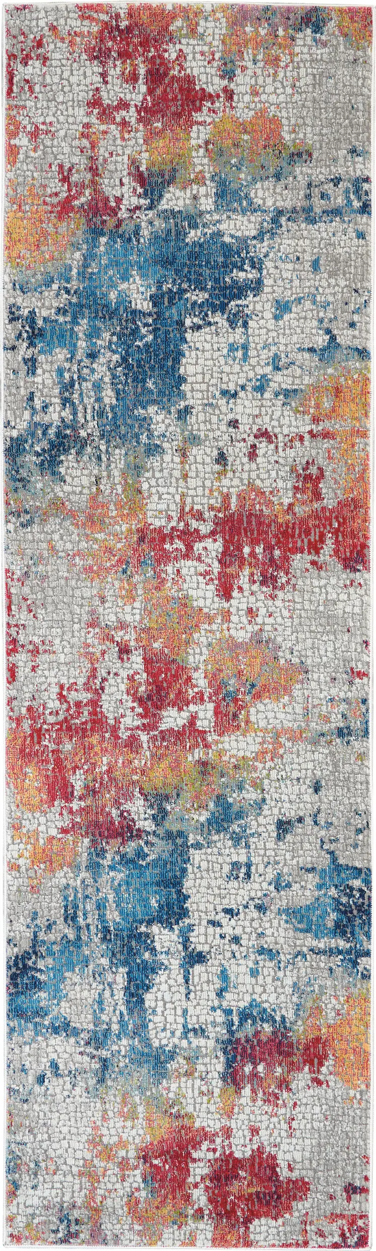 6' Ivory Blue and Orange Abstract Distressed Non Skid Runner Rug