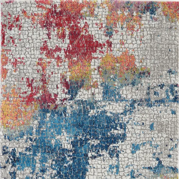 6' Ivory Blue and Orange Abstract Distressed Non Skid Runner Rug