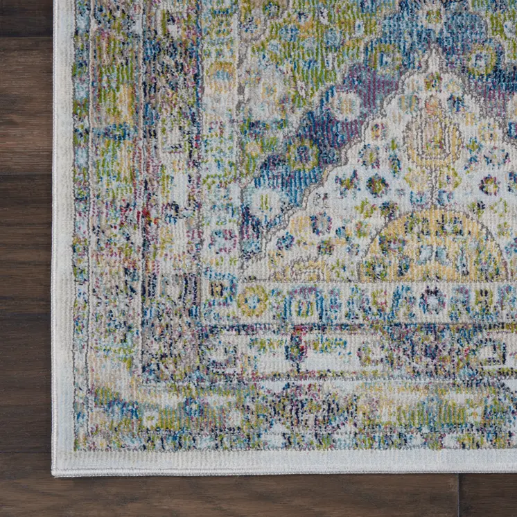 6' Ivory Blue and Green Floral Distressed Non Skid Runner Rug