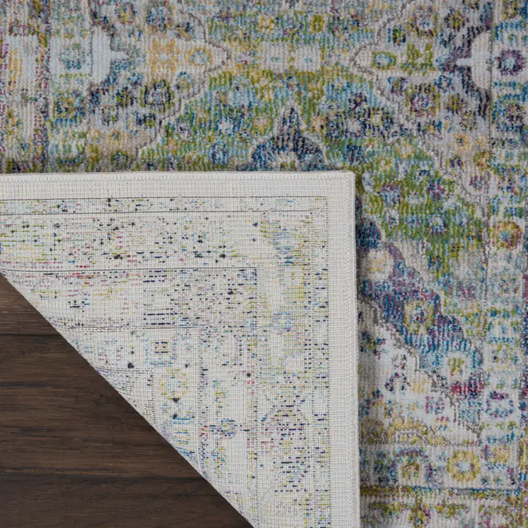 6' Ivory Blue and Green Floral Distressed Non Skid Runner Rug