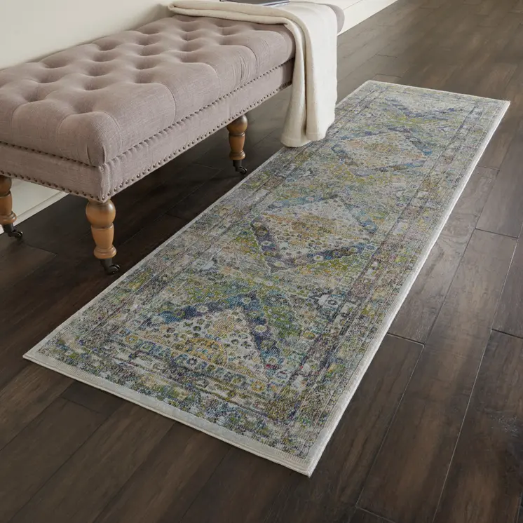 6' Ivory Blue and Green Floral Distressed Non Skid Runner Rug