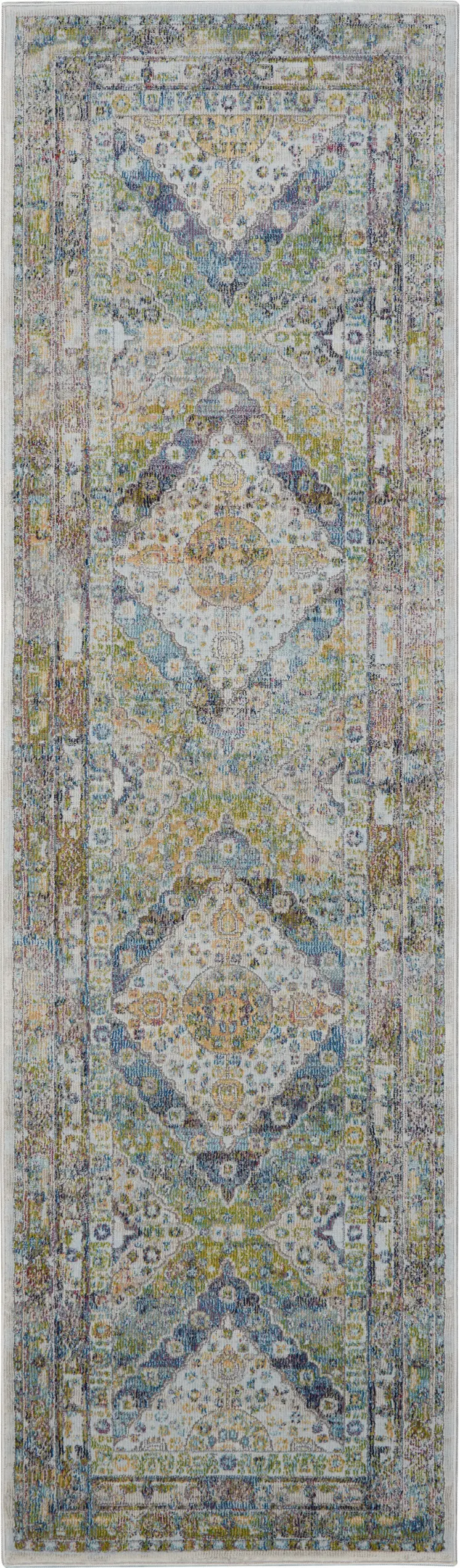 6' Ivory Blue and Green Floral Distressed Non Skid Runner Rug