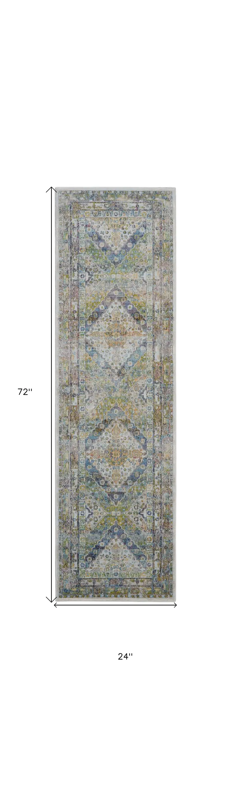 6' Ivory Blue and Green Floral Distressed Non Skid Runner Rug