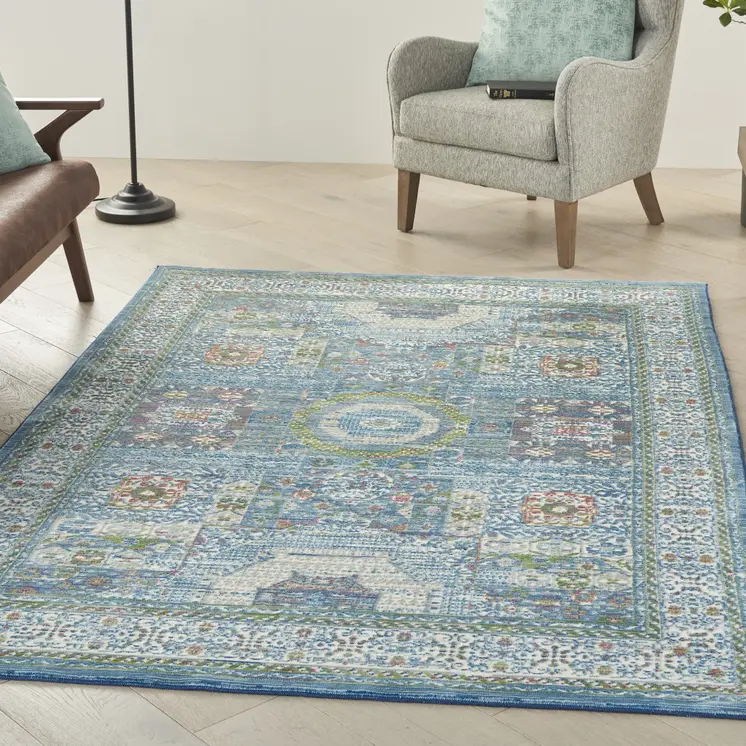 4' X 6' Ivory Blue and Green Oriental Distressed Non Skid Area Rug