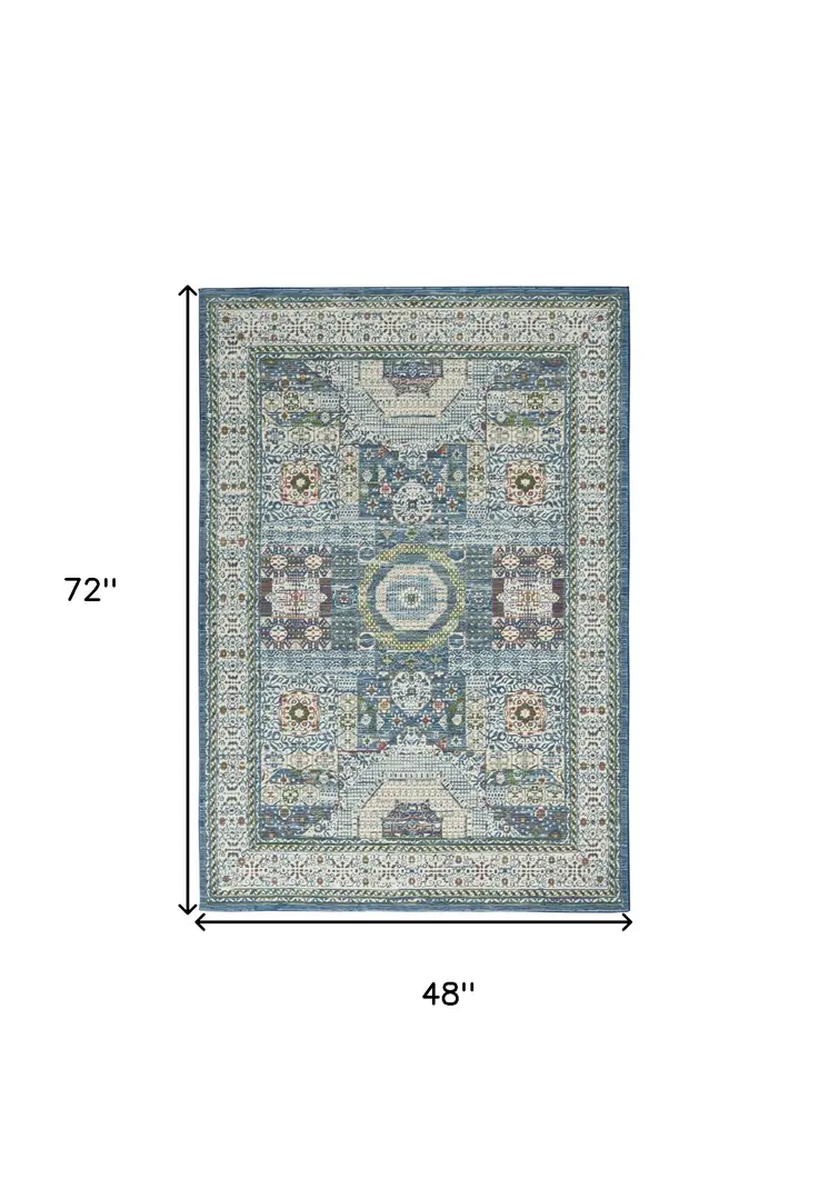 4' X 6' Ivory Blue and Green Oriental Distressed Non Skid Area Rug