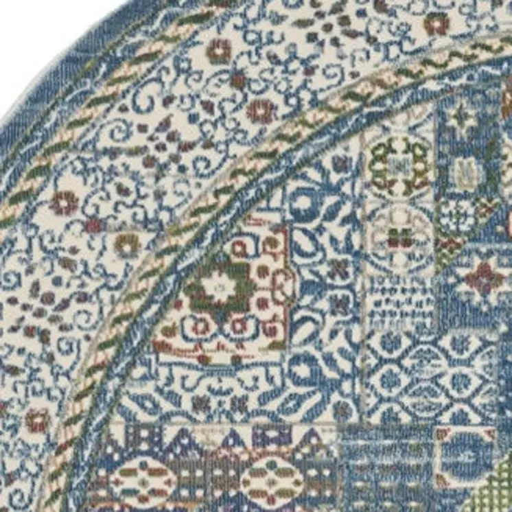 6' Ivory Blue and Green Oriental Distressed Non Skid Round Rug