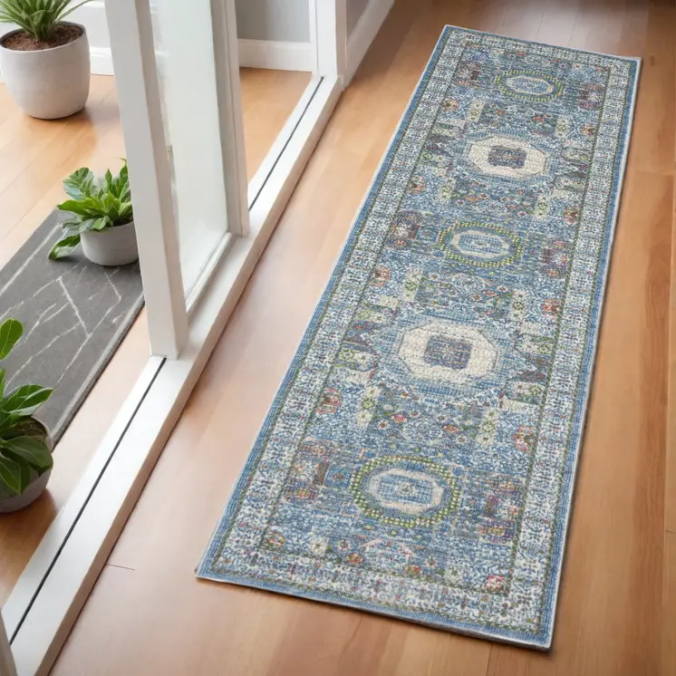 6' Ivory Blue and Green Oriental Distressed Non Skid Runner Rug