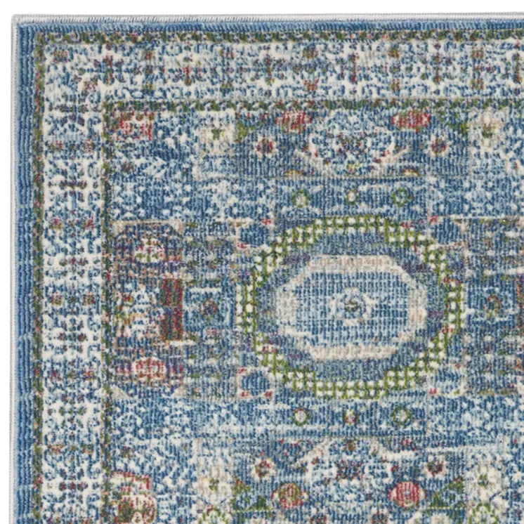 6' Ivory Blue and Green Oriental Distressed Non Skid Runner Rug