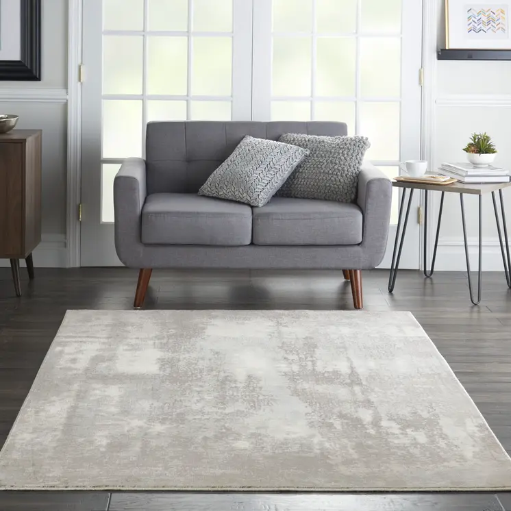 4' X 6' Gray Ivory and Light Blue Abstract Non Skid Area Rug