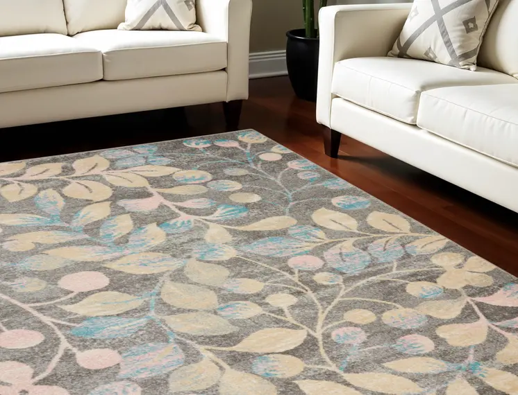 6' X 9' Beige Gray And Blue Botanical Leaves Area Rug