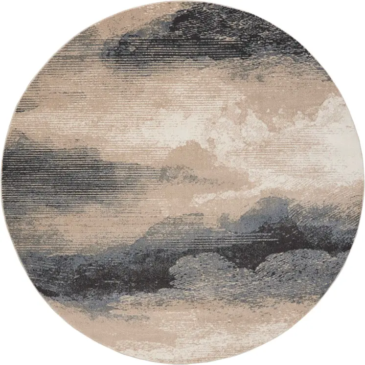 8' Gray Black and Beige Abstract Non Skid Round Rug
