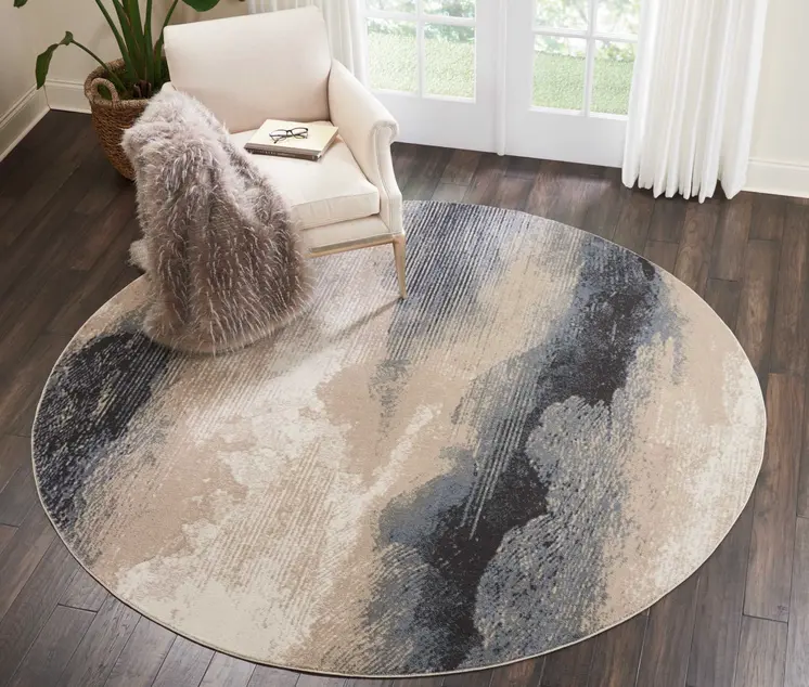 8' Gray Black and Beige Abstract Non Skid Round Rug