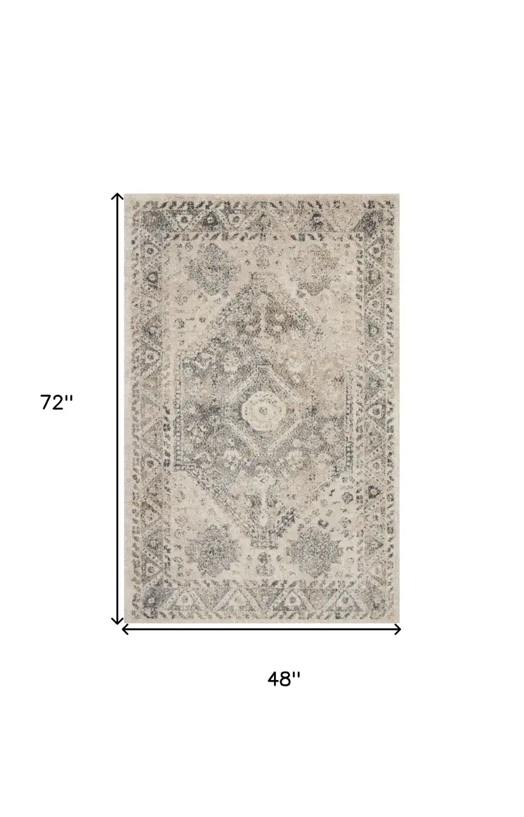 4' X 6' Cream and Gray Medallion Distressed Area Rug