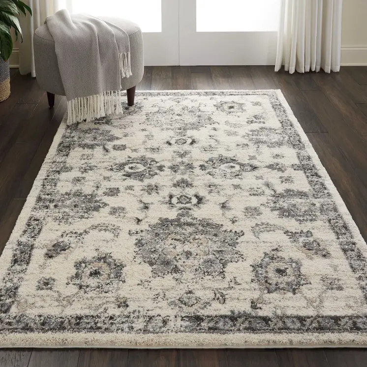4' X 6' Cream and Gray Floral Medallion Distressed Area Rug