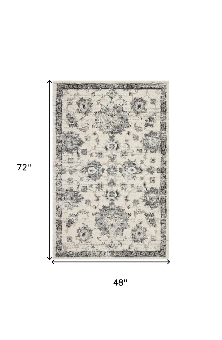 4' X 6' Cream and Gray Floral Medallion Distressed Area Rug