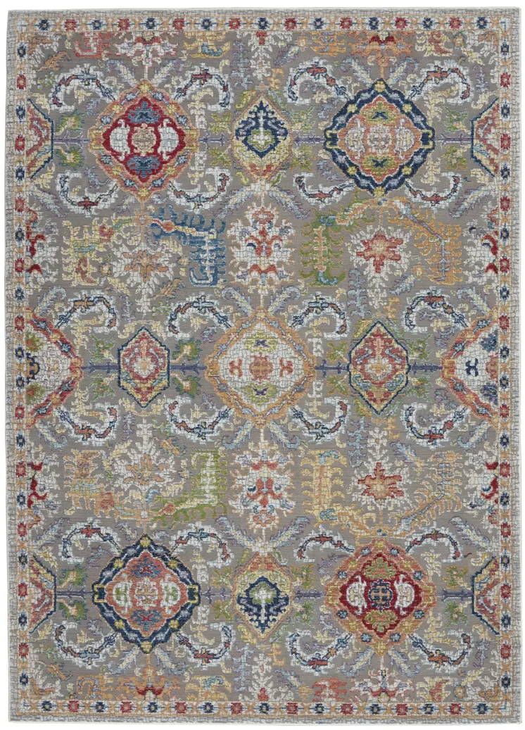 4' X 6' Ivory Gray and Orange Floral Distressed Non Skid Area Rug