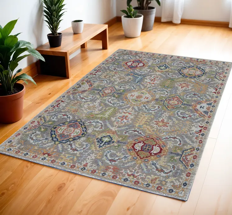 4' X 6' Ivory Gray and Orange Floral Distressed Non Skid Area Rug