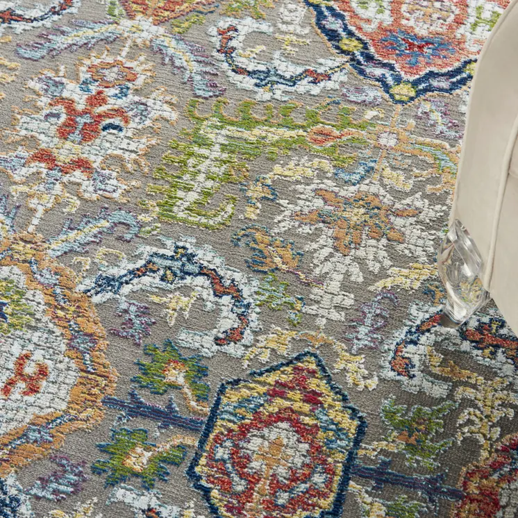 4' X 6' Ivory Gray and Orange Floral Distressed Non Skid Area Rug