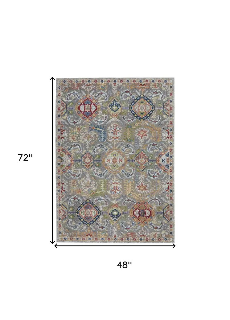 4' X 6' Ivory Gray and Orange Floral Distressed Non Skid Area Rug