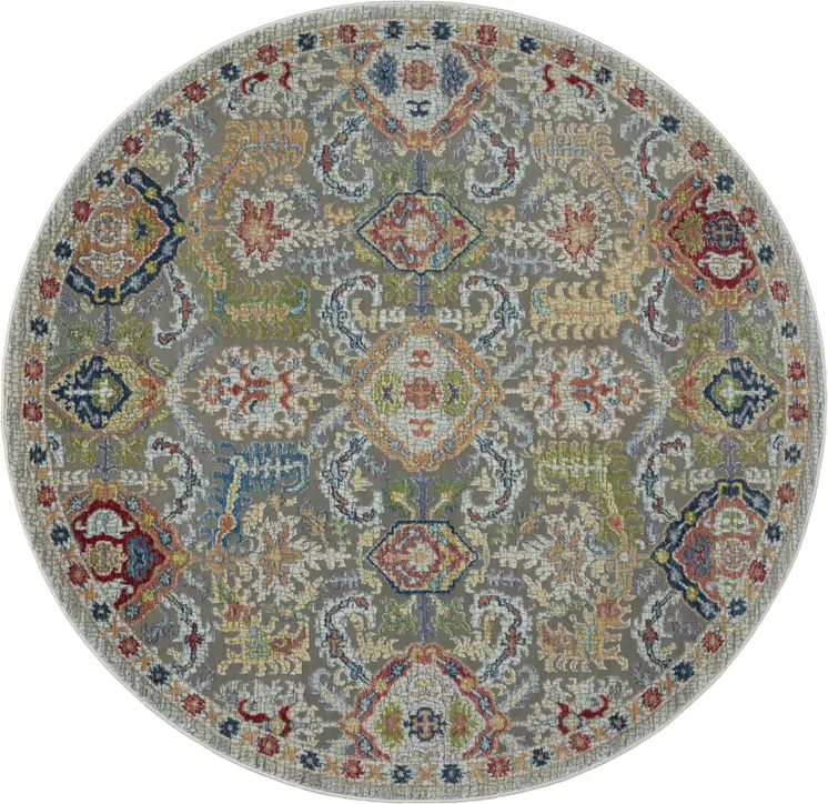 6' Blue Gray and Green Floral Distressed Non Skid Round Rug