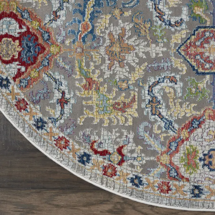6' Blue Gray and Green Floral Distressed Non Skid Round Rug