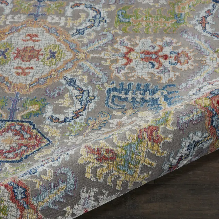 6' Blue Gray and Green Floral Distressed Non Skid Round Rug