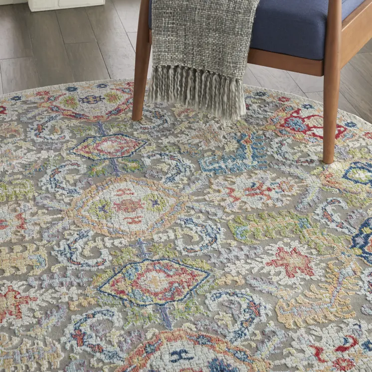 6' Blue Gray and Green Floral Distressed Non Skid Round Rug