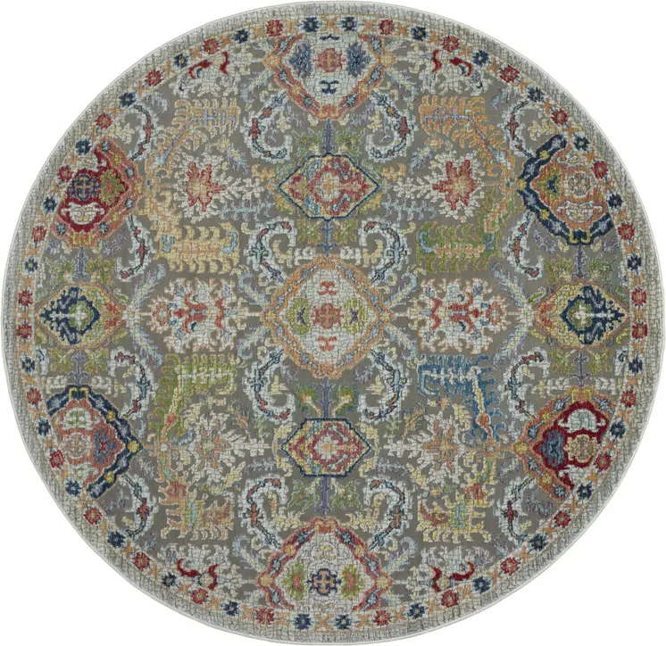 6' Blue Gray and Green Floral Distressed Non Skid Round Rug