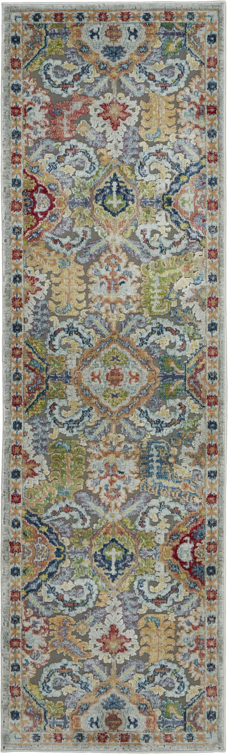6' Ivory Gray and Orange Floral Distressed Non Skid Runner Rug