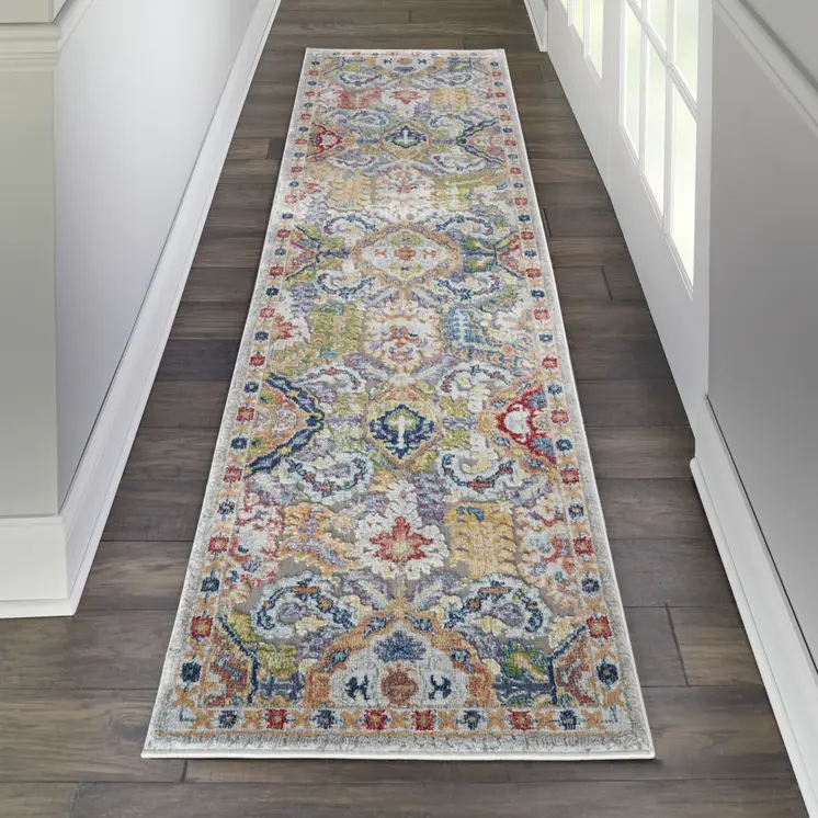 6' Ivory Gray and Orange Floral Distressed Non Skid Runner Rug