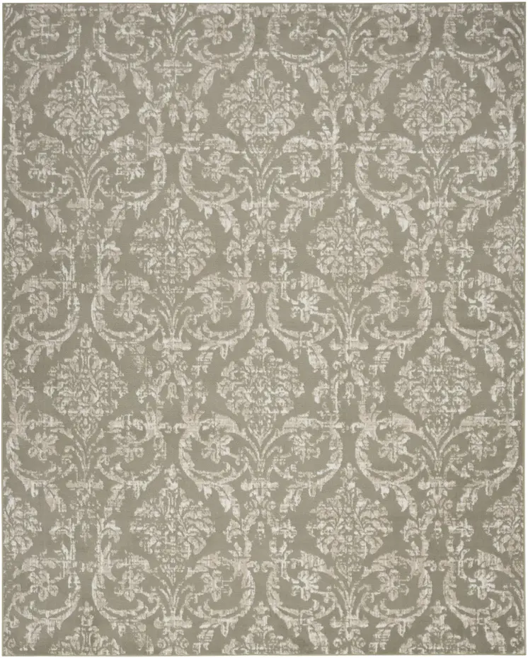8' X 10' Olive Green and Ivory Damask Distressed Non Skid Area Rug