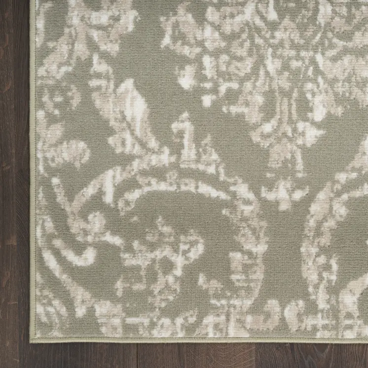 8' X 10' Olive Green and Ivory Damask Distressed Non Skid Area Rug