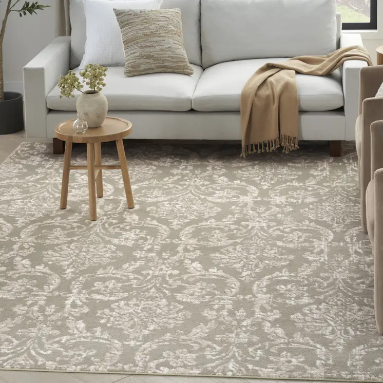 8' X 10' Olive Green and Ivory Damask Distressed Non Skid Area Rug