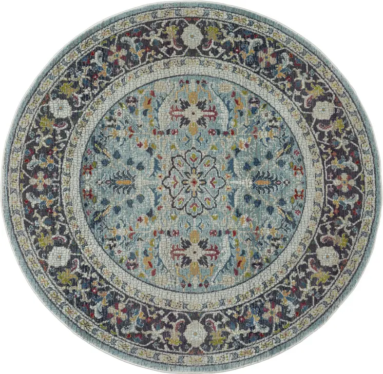 6' Teal Blue Orange and Black Floral Distressed Non Skid Round Rug