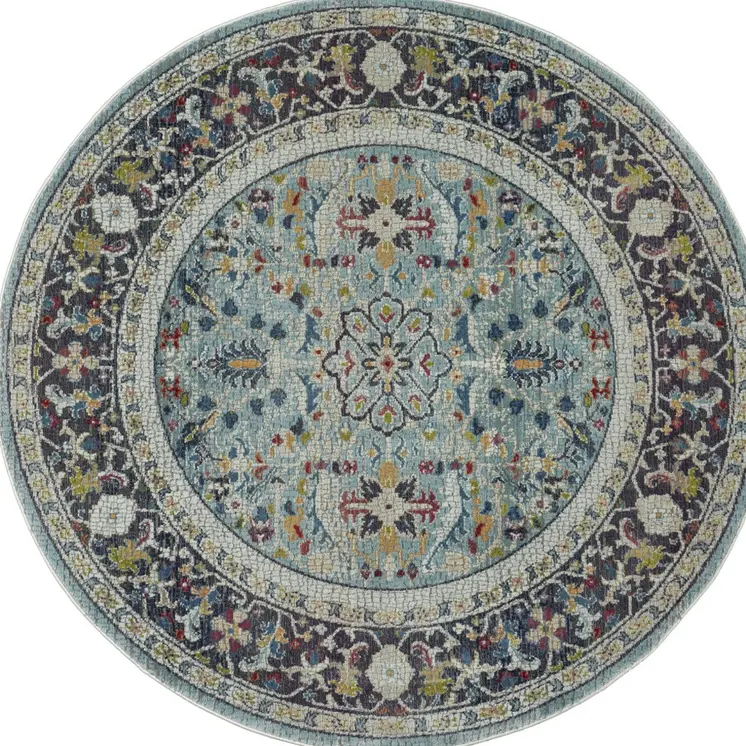 6' Teal Blue Orange and Black Floral Distressed Non Skid Round Rug