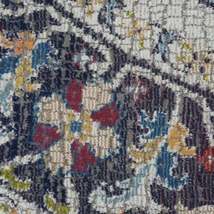 6' Teal Blue Orange and Black Floral Distressed Non Skid Round Rug