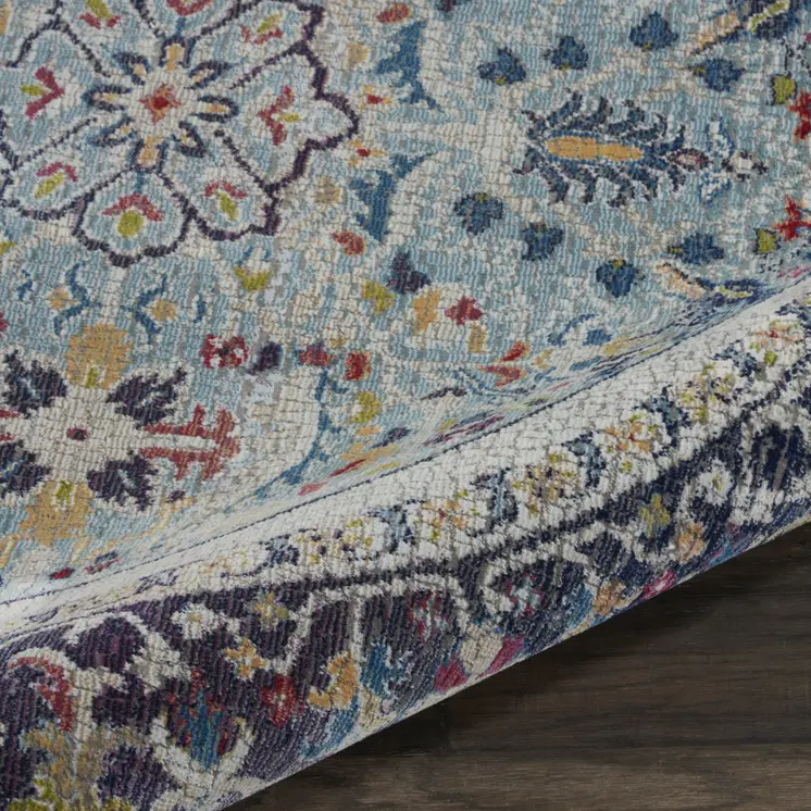 6' Teal Blue Orange and Black Floral Distressed Non Skid Round Rug