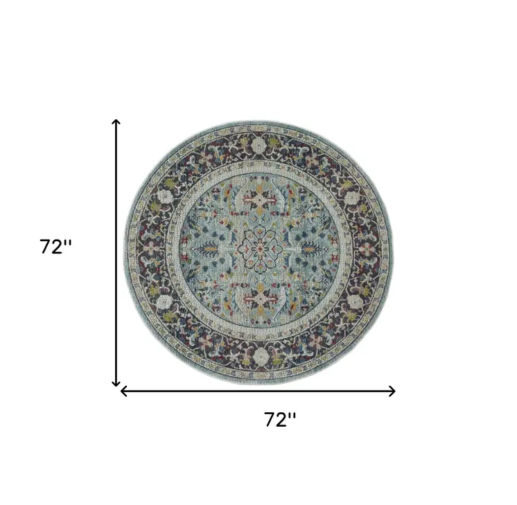 6' Teal Blue Orange and Black Floral Distressed Non Skid Round Rug