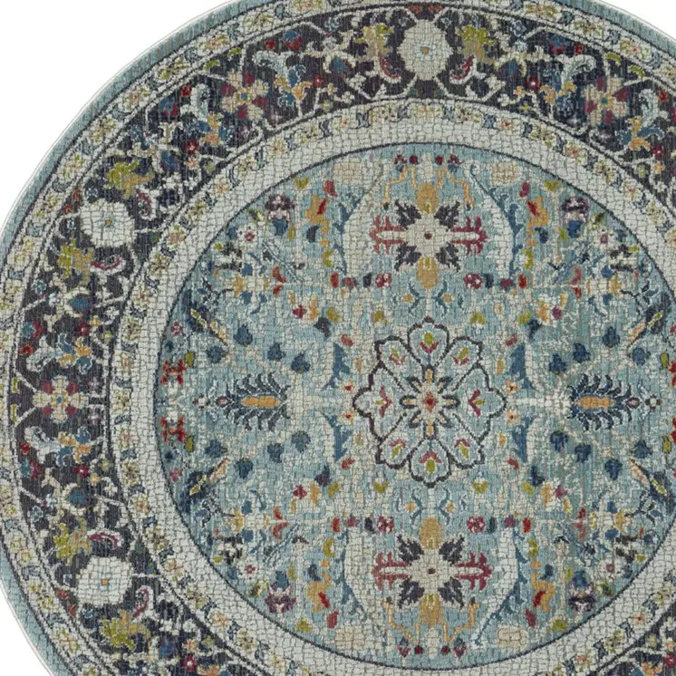 6' Teal Blue Orange and Black Floral Distressed Non Skid Round Rug