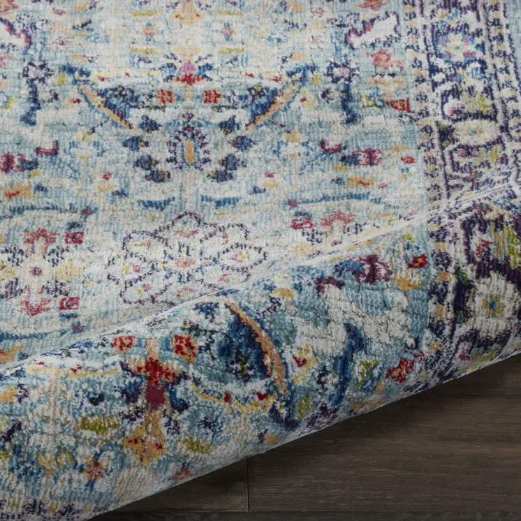6' Teal Blue Orange and Black Floral Distressed Non Skid Runner Rug