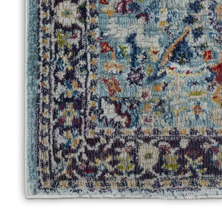 6' Teal Blue Orange and Black Floral Distressed Non Skid Runner Rug