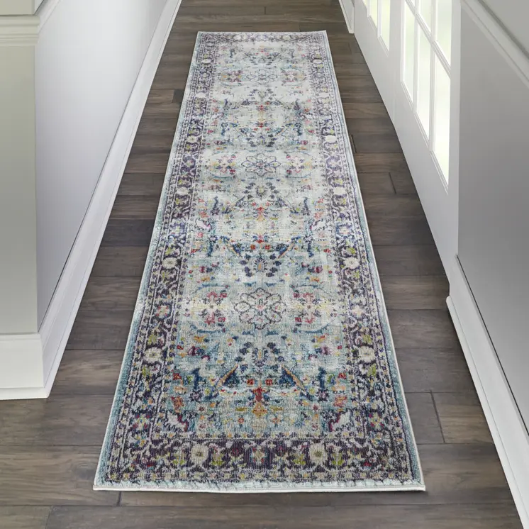 6' Teal Blue Orange and Black Floral Distressed Non Skid Runner Rug