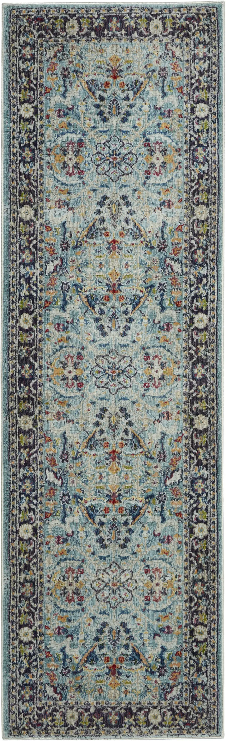 6' Teal Blue Orange and Black Floral Distressed Non Skid Runner Rug