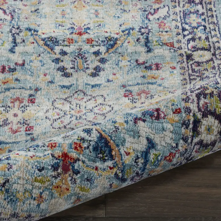 6' Teal Blue Orange and Black Floral Distressed Non Skid Runner Rug