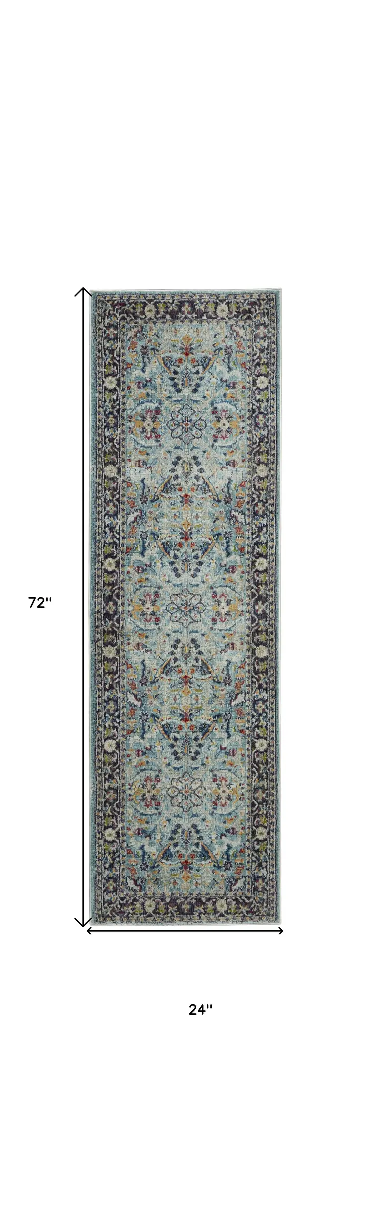 6' Teal Blue Orange and Black Floral Distressed Non Skid Runner Rug