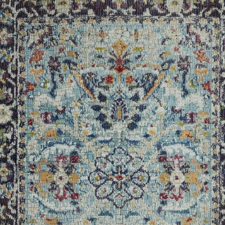 6' Teal Blue Orange and Black Floral Distressed Non Skid Runner Rug
