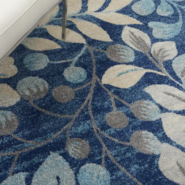 5' X 7' Navy Blue and Beige Botanical Leaves Area Rug