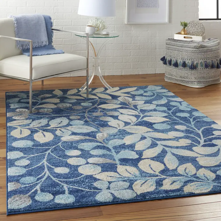 5' X 7' Navy Blue and Beige Botanical Leaves Area Rug
